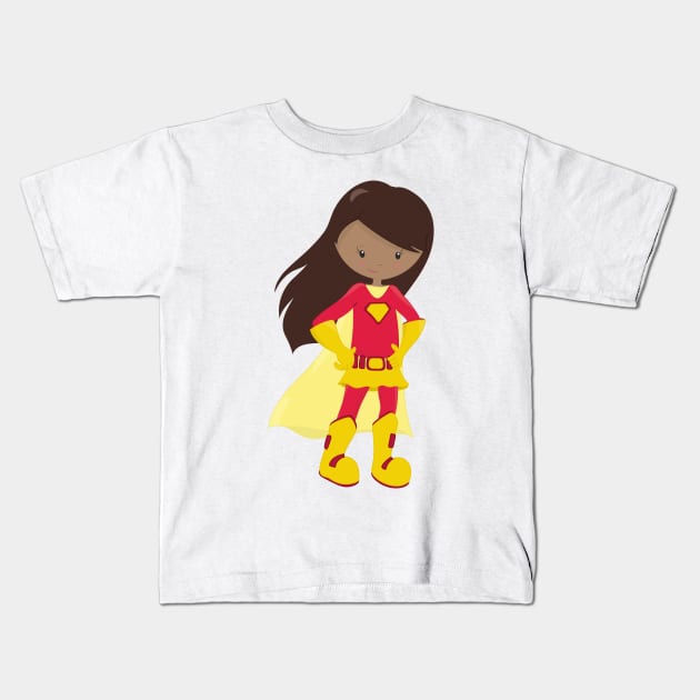 African American Girl, Superhero Girl, Red Costume Kids T-Shirt by Jelena Dunčević